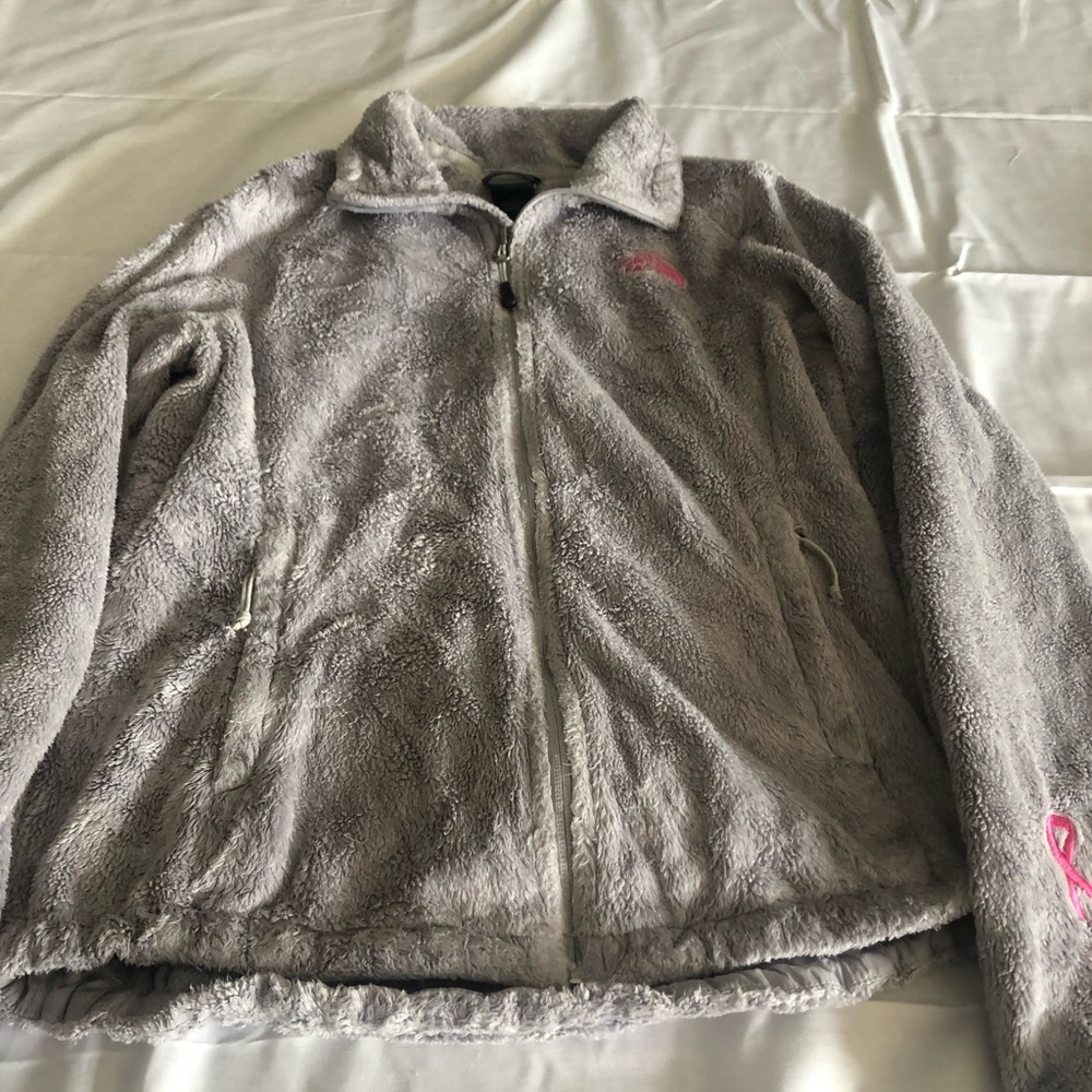 The North Face Gray Fleece Jacket with Pink Breast Cancer Awareness Highlights
